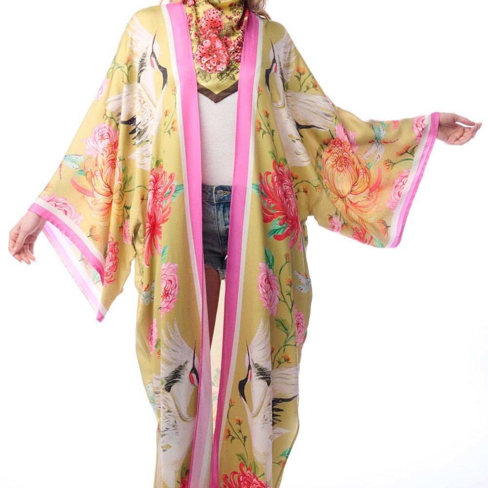 Aratta Yellow Floral Crane Kimono with Pink Trim